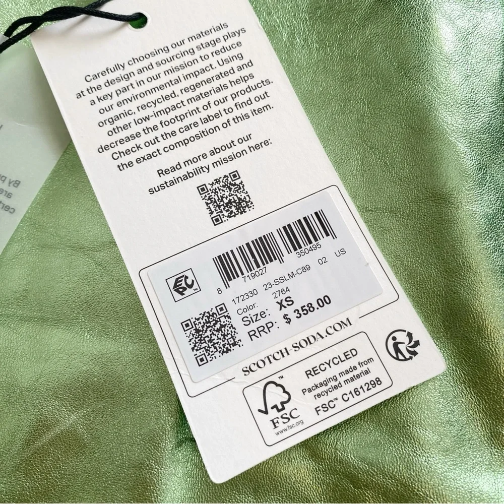 NWT Scotch & Soda Amsterdam 100% Sheep Leather Metallic Mini Skirt Fresh Mint XS